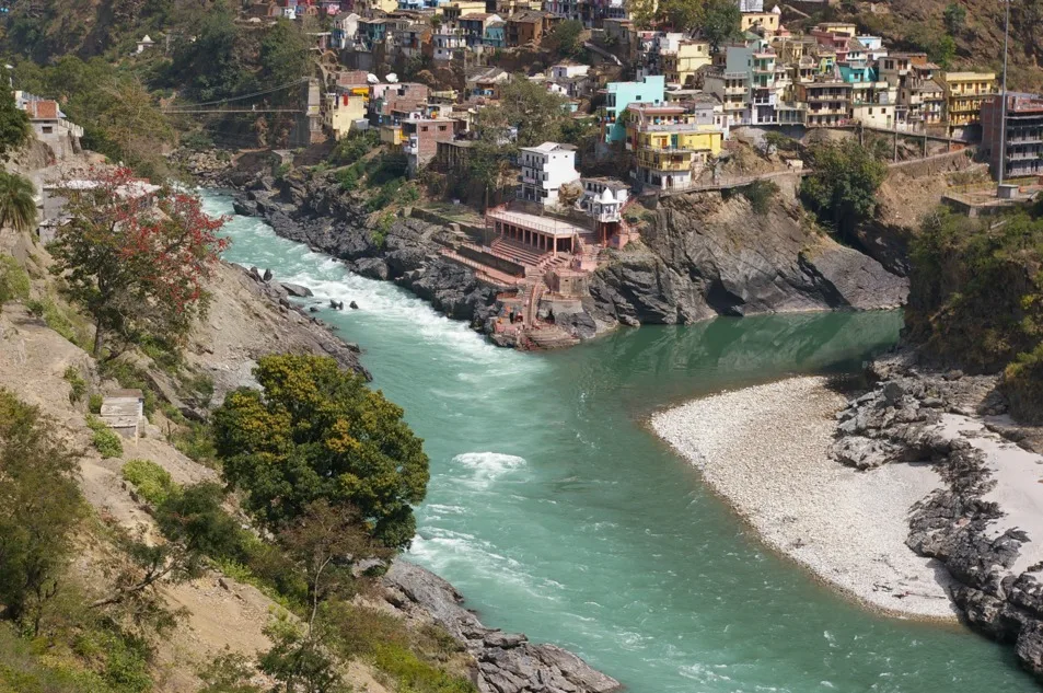 Devprayag is a natural visual marker on the route from the plains toward the higher valleys.